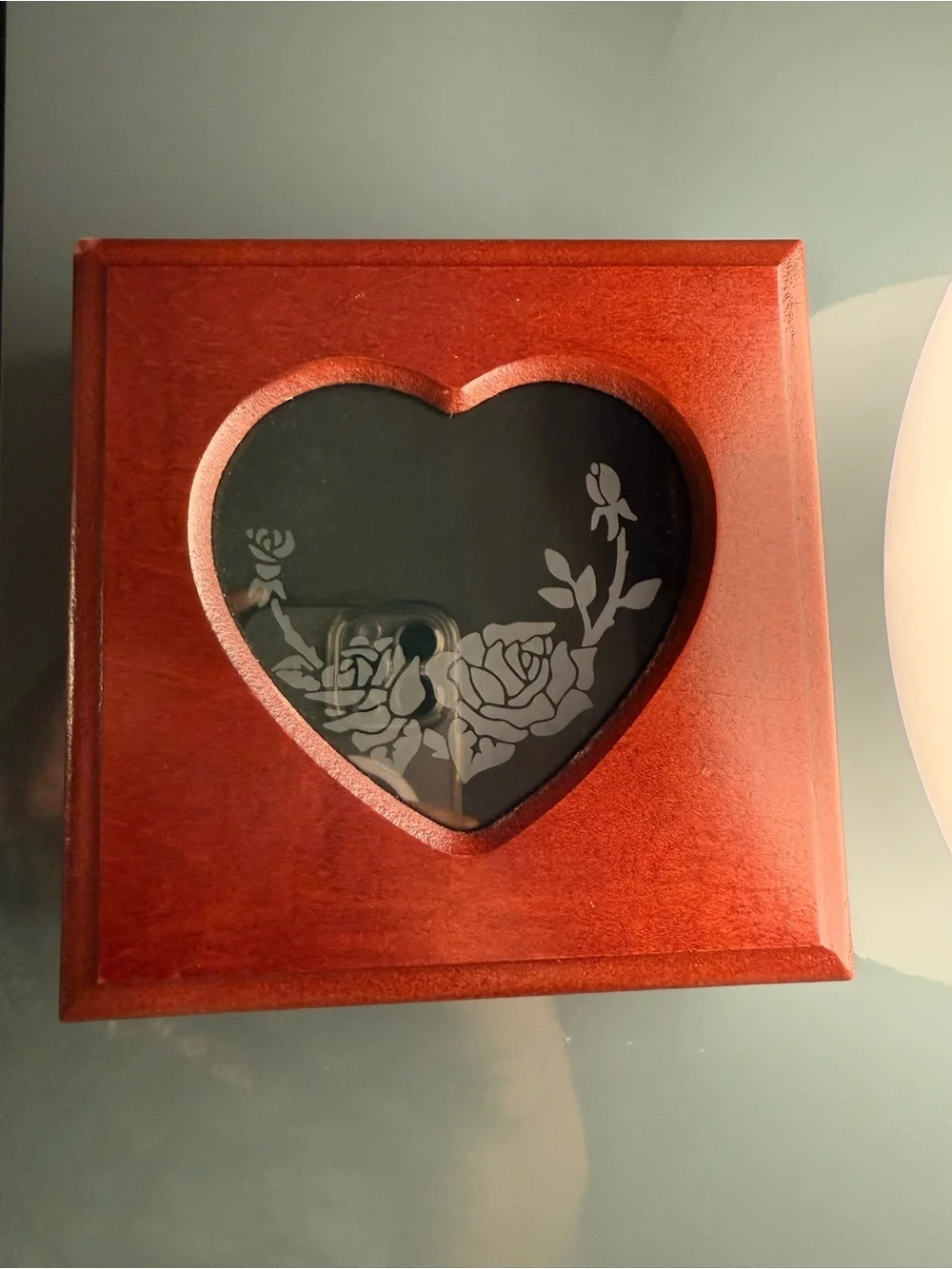 Vintage Romantic Wooden Heart Etched Glass Rose Jewelry Box